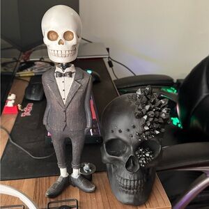 Skeleton Figurine and Black Skull Decor